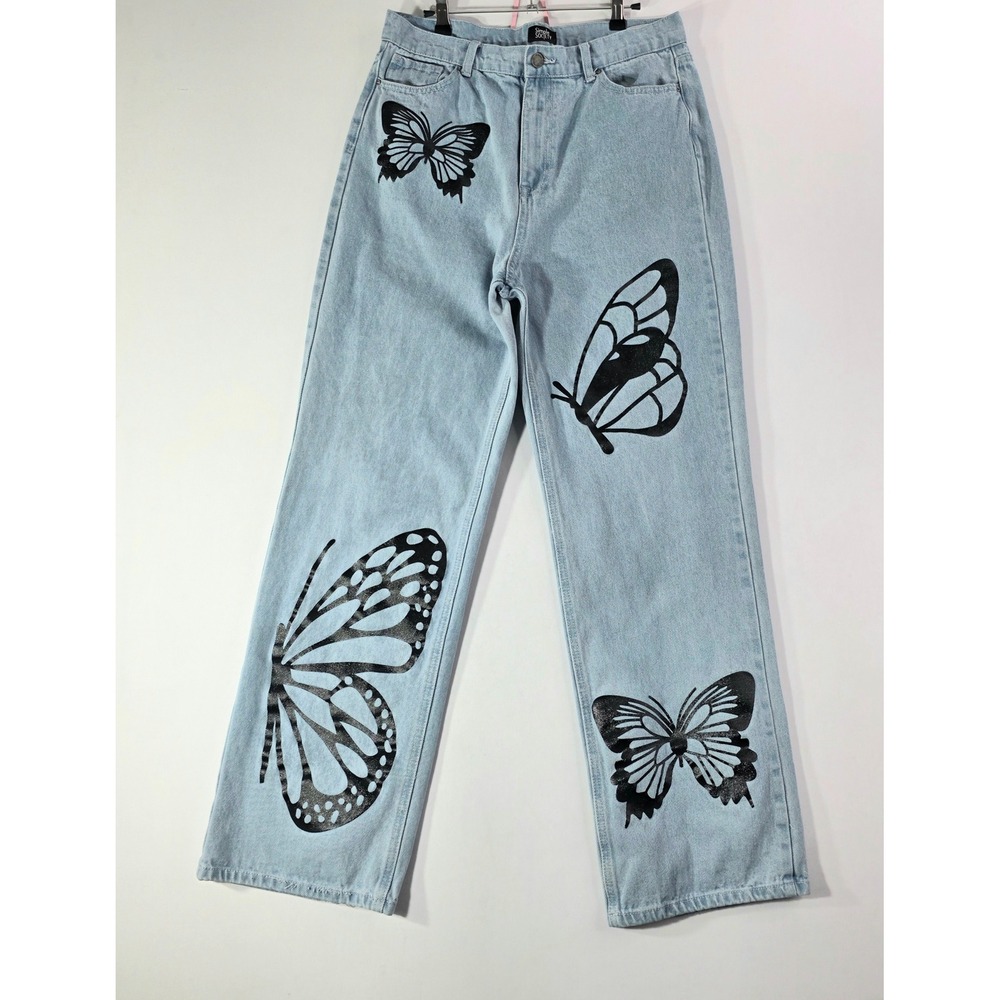 Simple Society Butterfly Print Wide Leg Jeans Light Wash Blue 13/31 Size 33/31